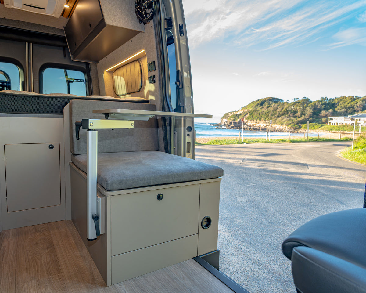 Burley Van Co Alta interior rear cabinetry, drawer storage and fold-out table