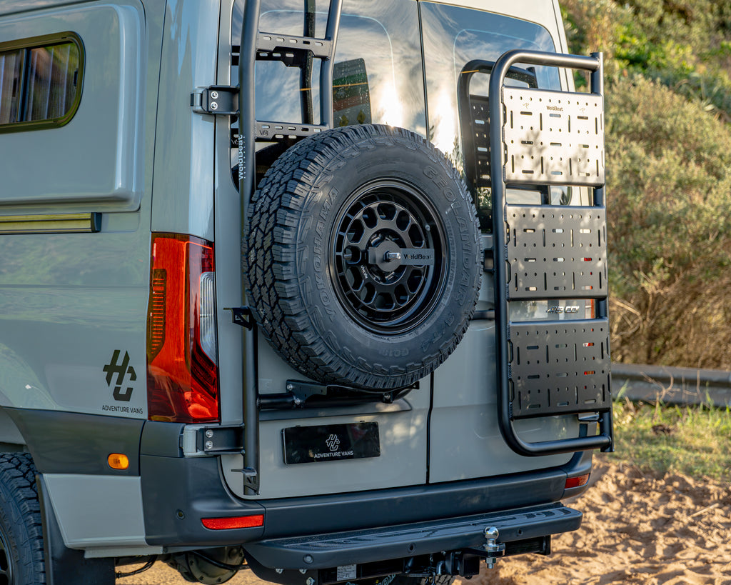 Burley Van Co Alta side profile in evening light, sliding door and drawer open